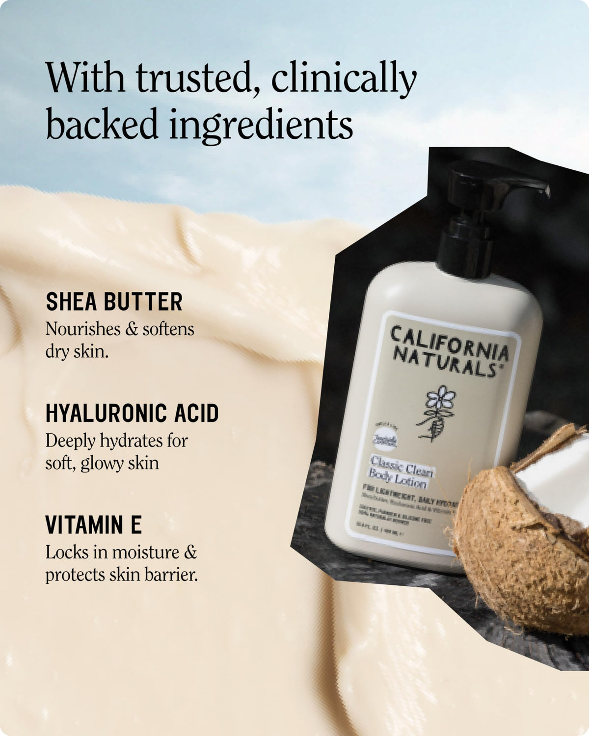 California Naturals lotion texture swatch absorbing into skin for fast non-greasy hydration