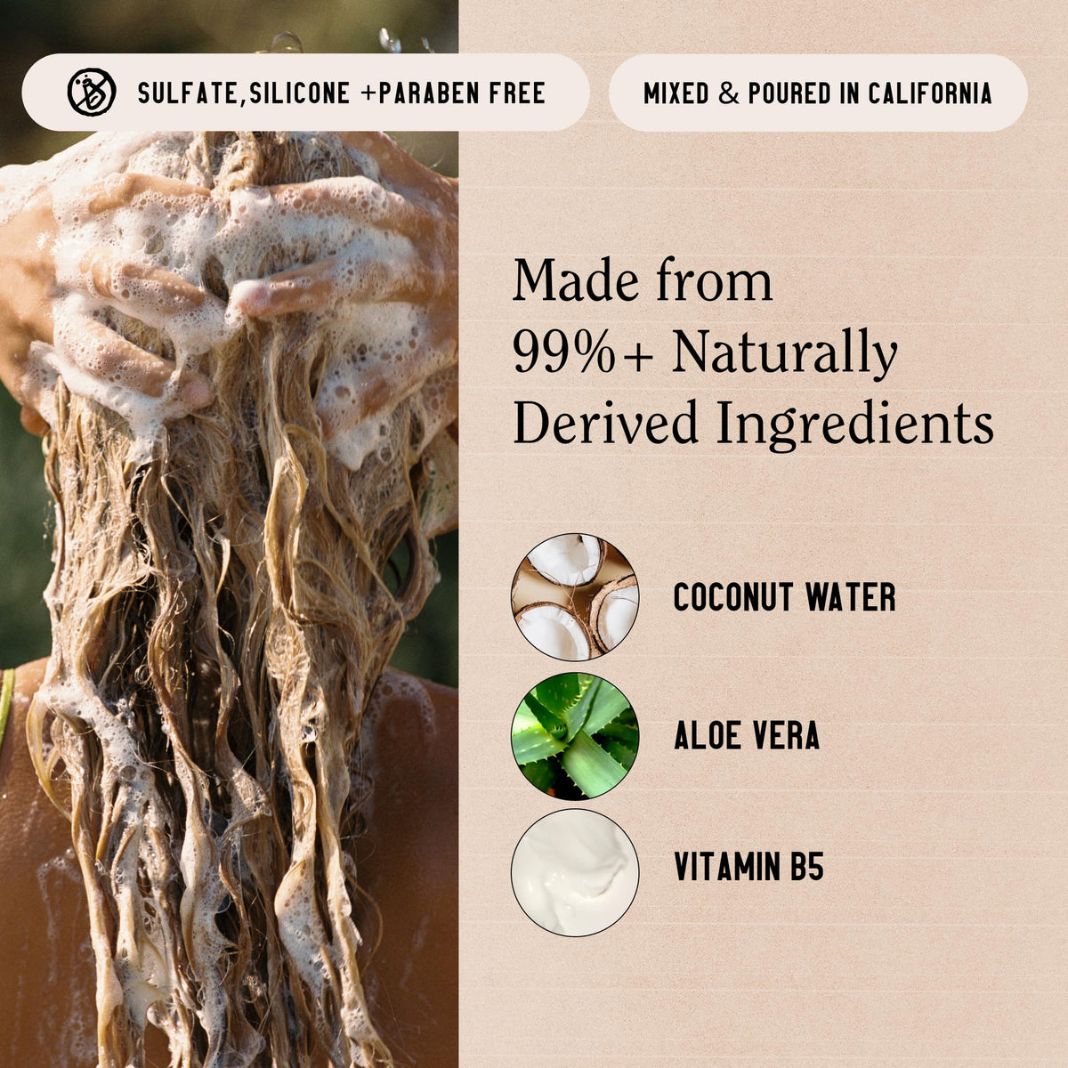 California Naturals creamy shampoo pour showing smooth texture and gentle cleanse