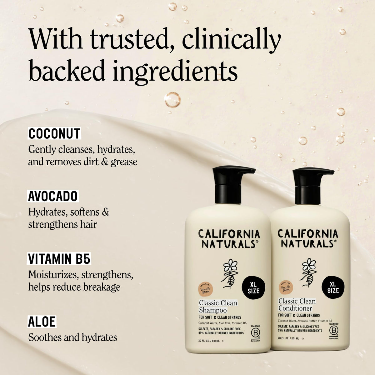 California Naturals shampoo texture on palm showing lightweight lather and gentle cleanse