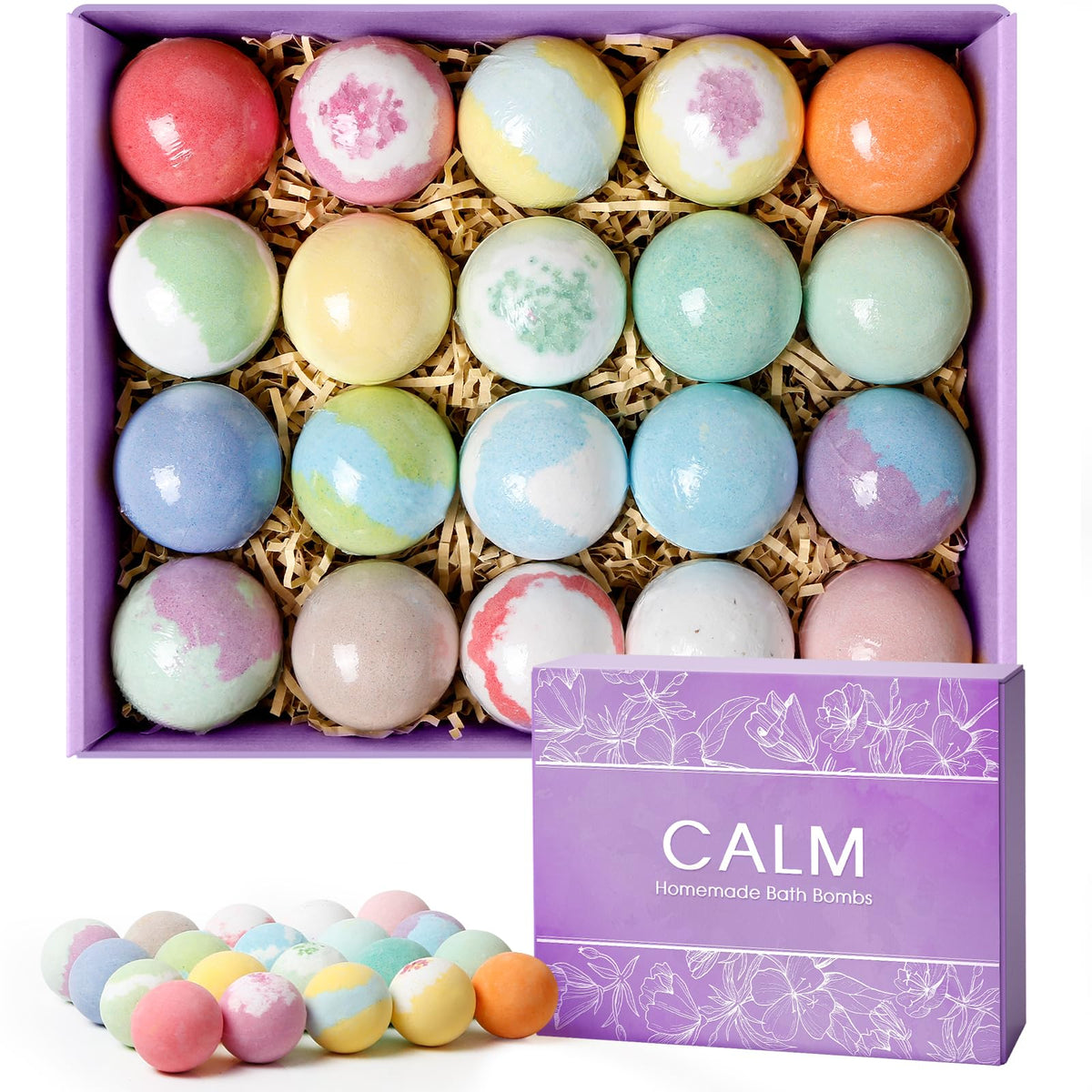 CalmNFiz front box packaging showing 20 bath bombs and variety