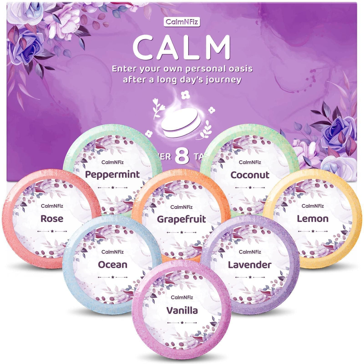 CalmNFiz front packaging displaying eight aromatic shower steamers and benefits