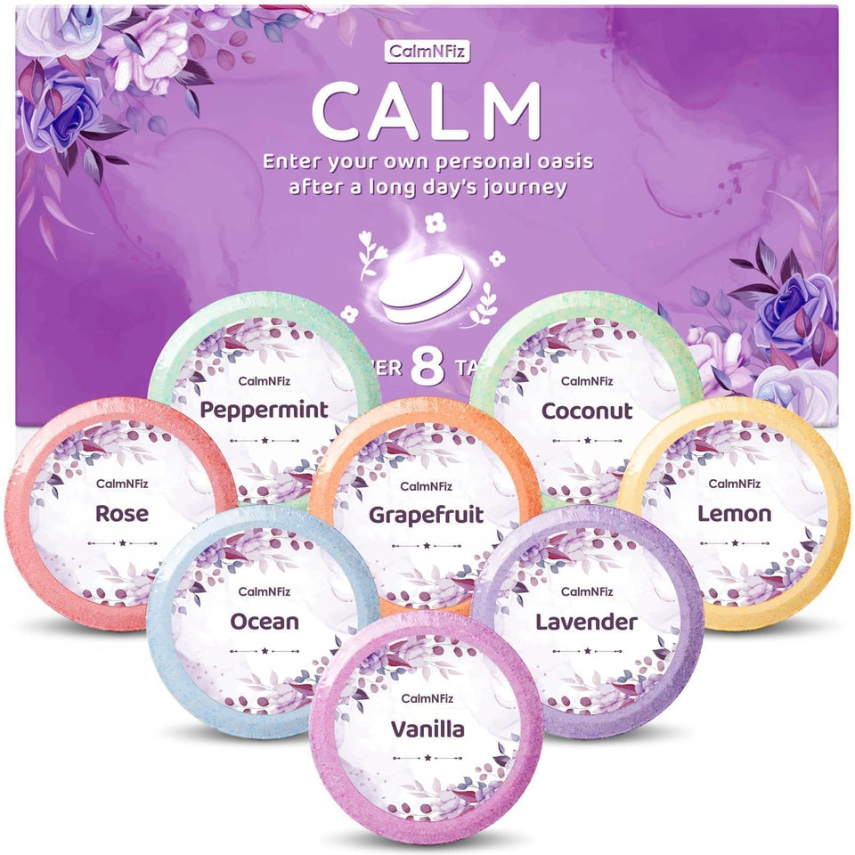 CalmNFiz front packaging displaying eight aromatic shower steamers and benefits