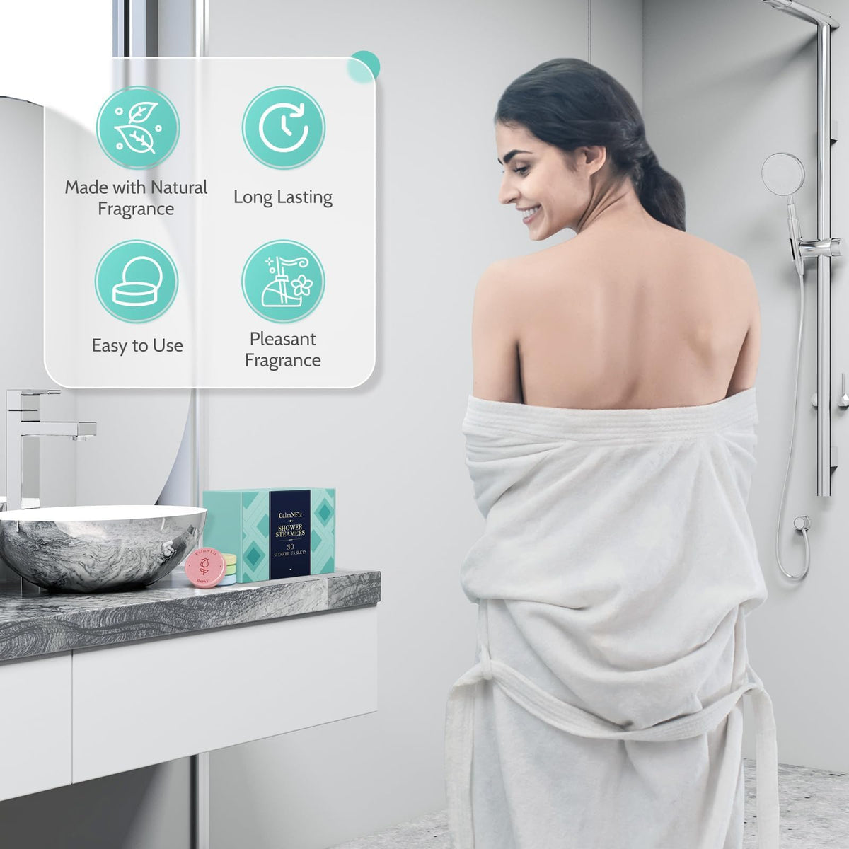 CalmNFiz shower steamer releasing steam in shower for quick spa-like aroma