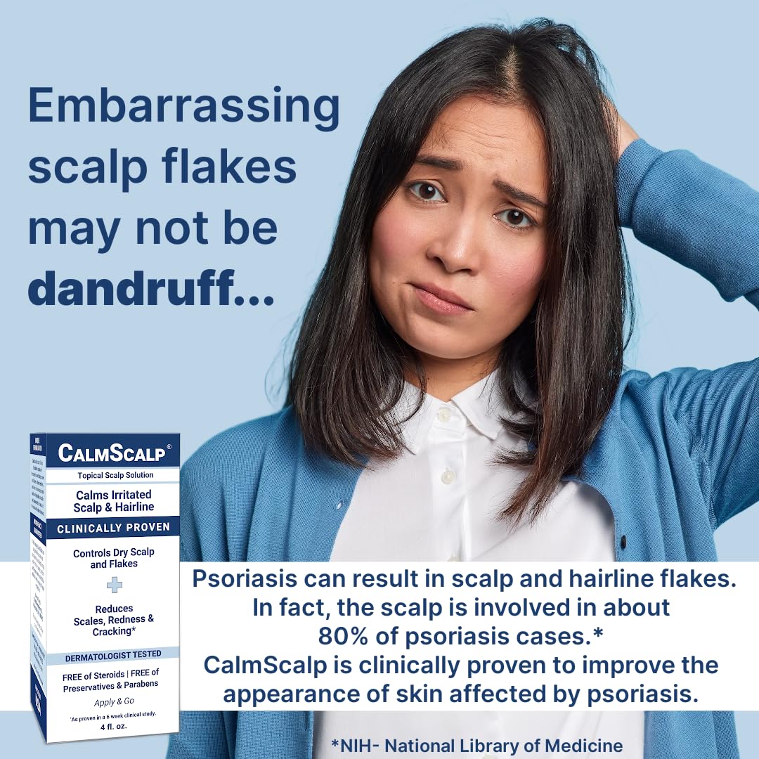 CalmScalp before-and-after scalp visual illustrating reduced visible flakes and clearer appearance