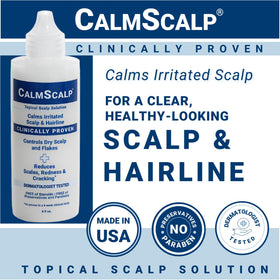 CalmScalp bottle styled on bathroom shelf suggesting everyday routine and lifestyle integration