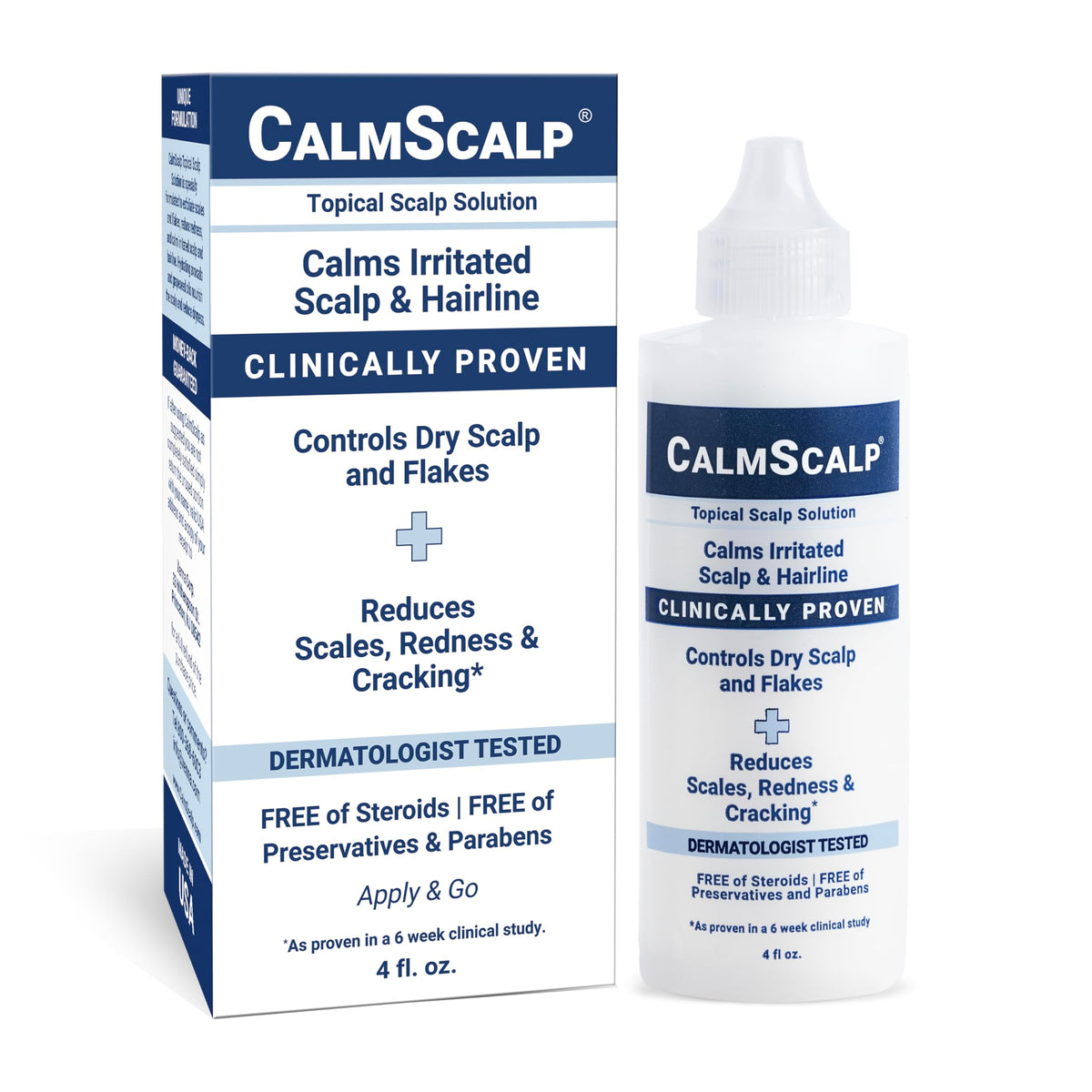 CalmScalp front packaging showing bottle and label, communicates clear product identity and benefits