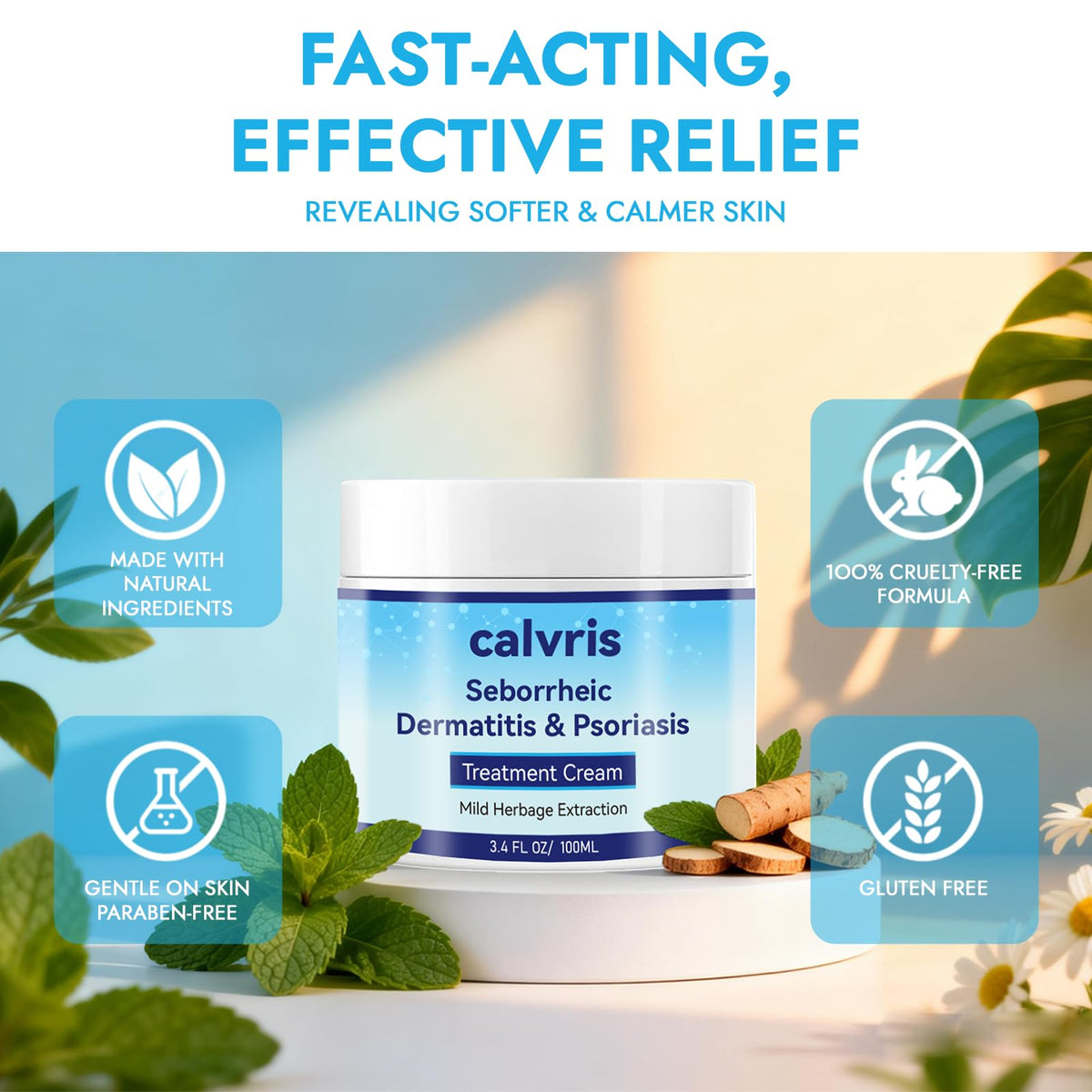 Calvris jar on bathroom shelf with routine-ready, gentle care