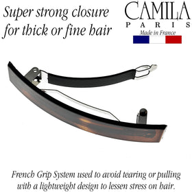 Camila barrette clipped in hair demonstrating no-slip hold during wear