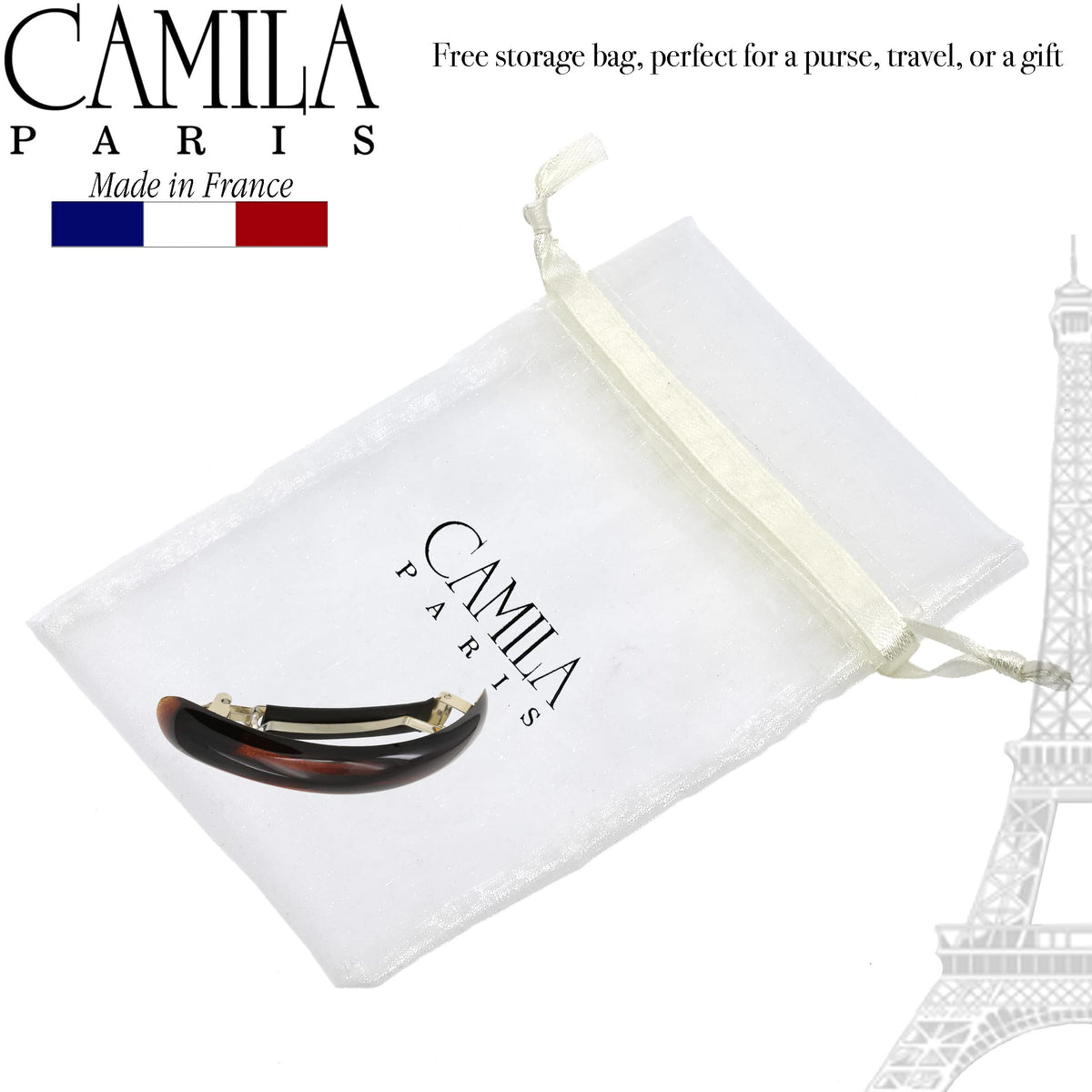 Camila barrette next to a hand for scale showing generous 3.5-inch coverage