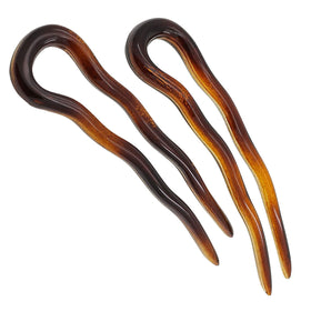 Camila Paris front view of two tortoise shell hair forks showing design and elegant finish