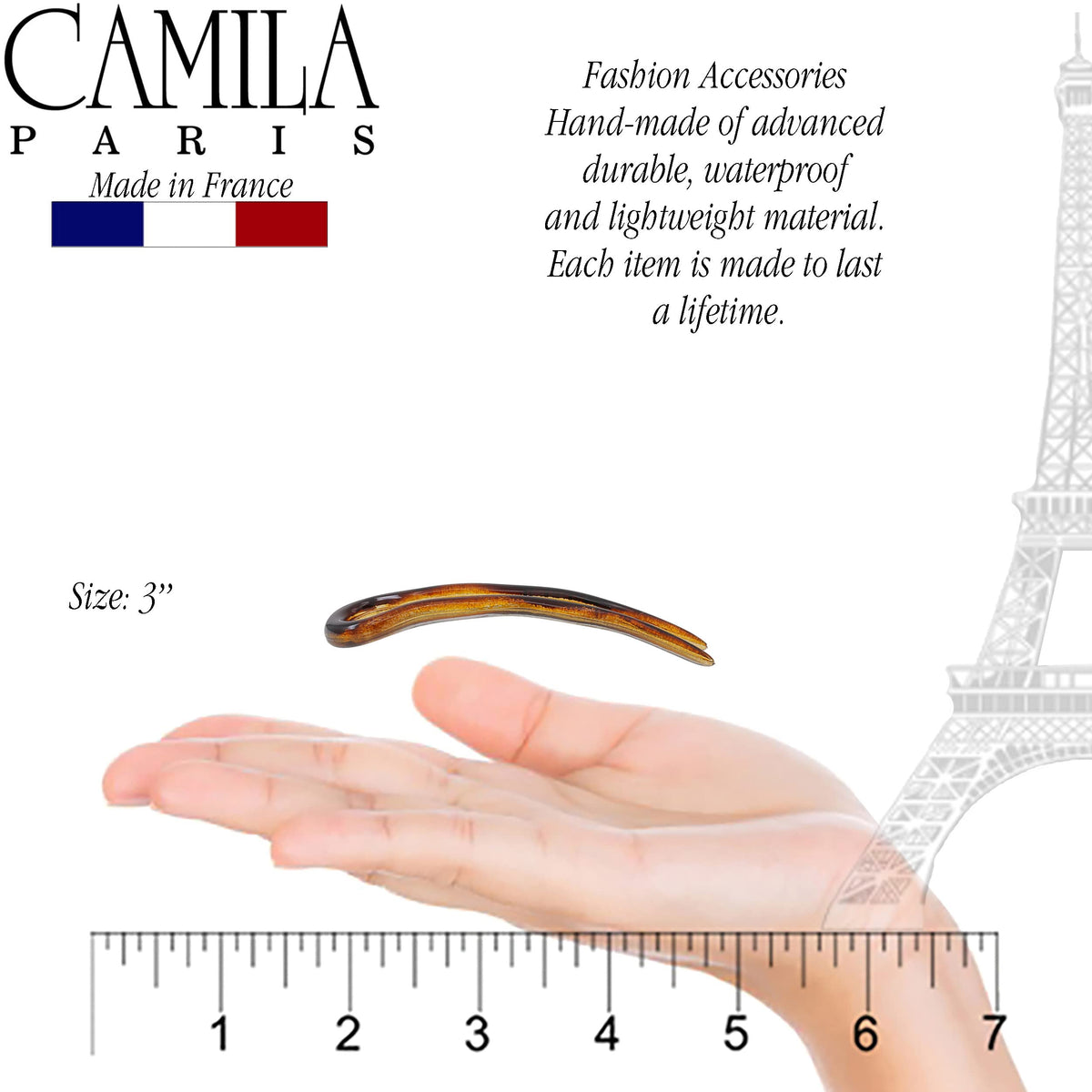 Camila Paris hair fork worn in a chignon demonstrating secure all-day hold