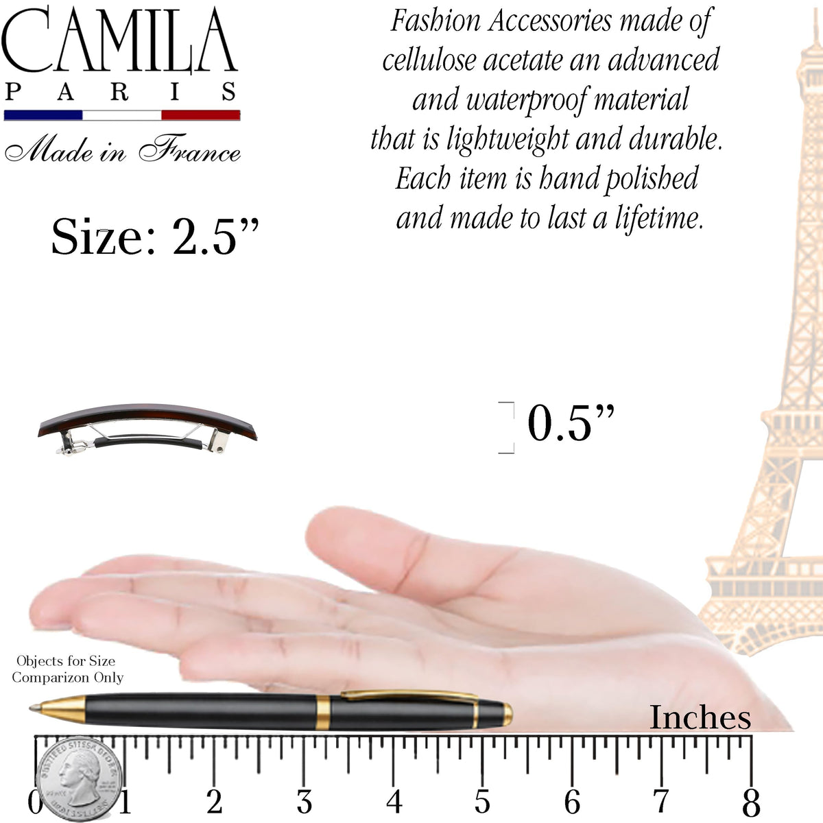 Camila Paris barrette used in a half-up style offers neat no-pull styling