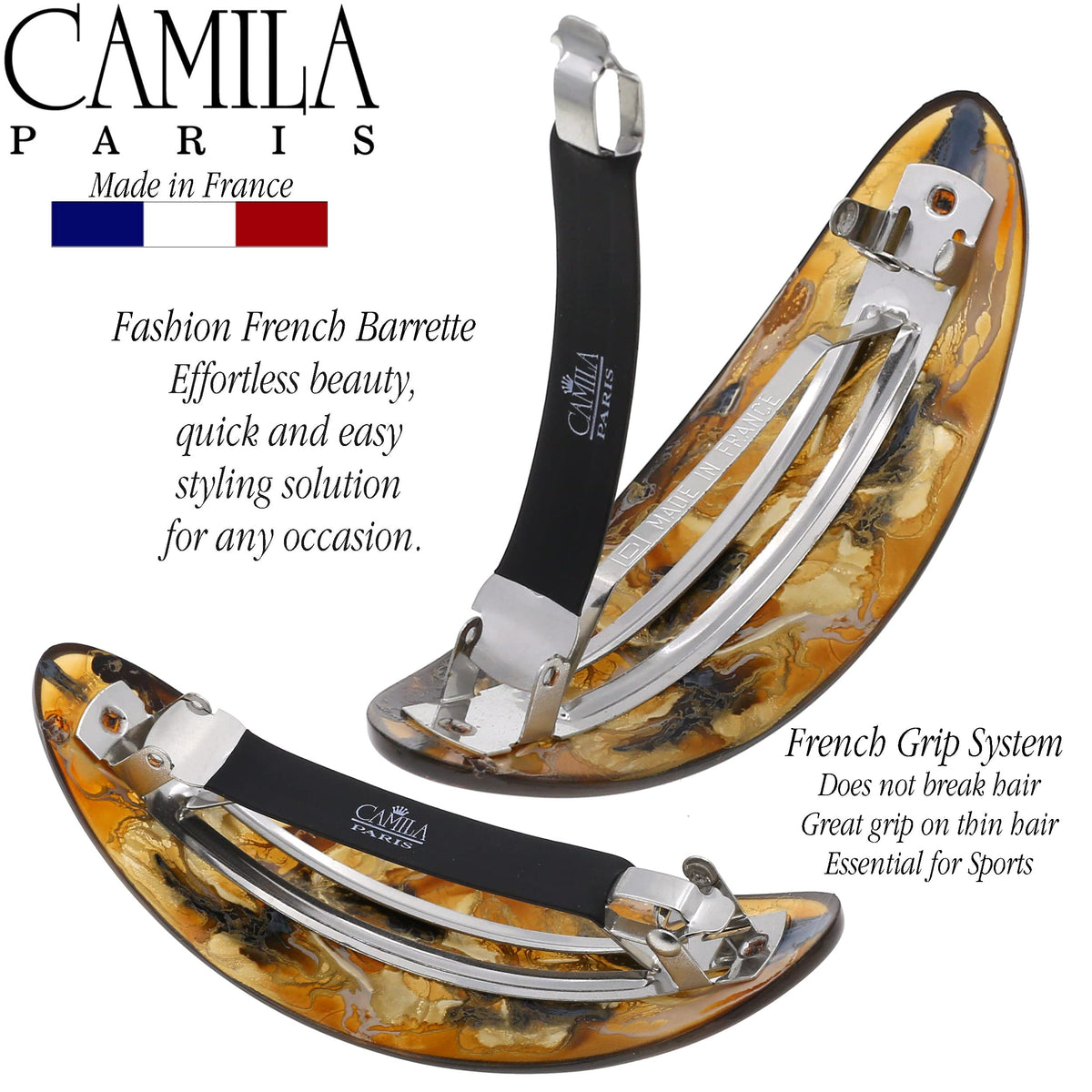 Camila Paris barrette holding thick curly hair to demonstrate strong everyday hold