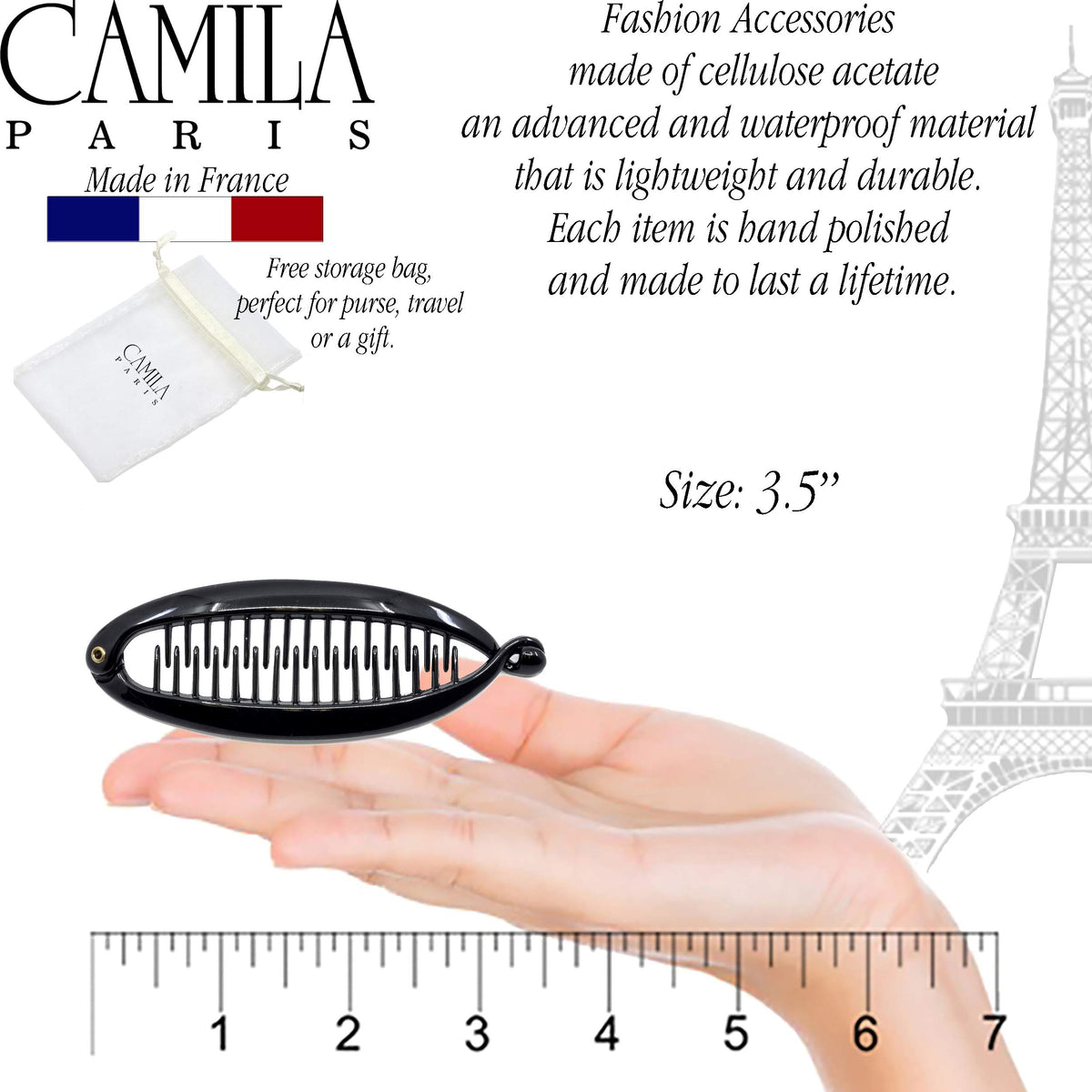 Camila Paris closeup of double comb teeth showing secure grip without snagging