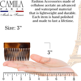 Camila Paris comb inserted in hair demonstrating a side twist hold for neat up-dos