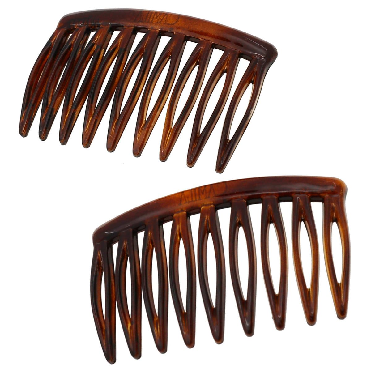 Camila Paris front view showing both small tortoise combs and packaging benefit polished finish