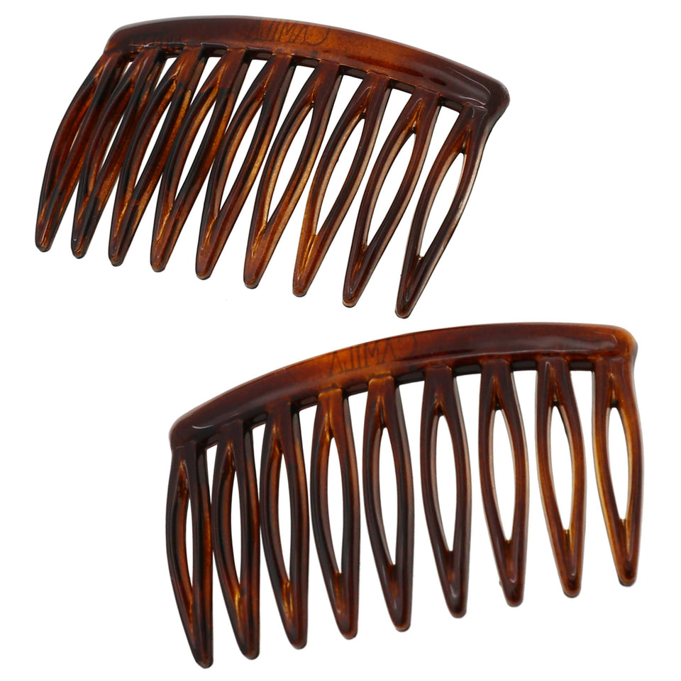 Camila Paris front view showing both small tortoise combs and packaging benefit polished finish