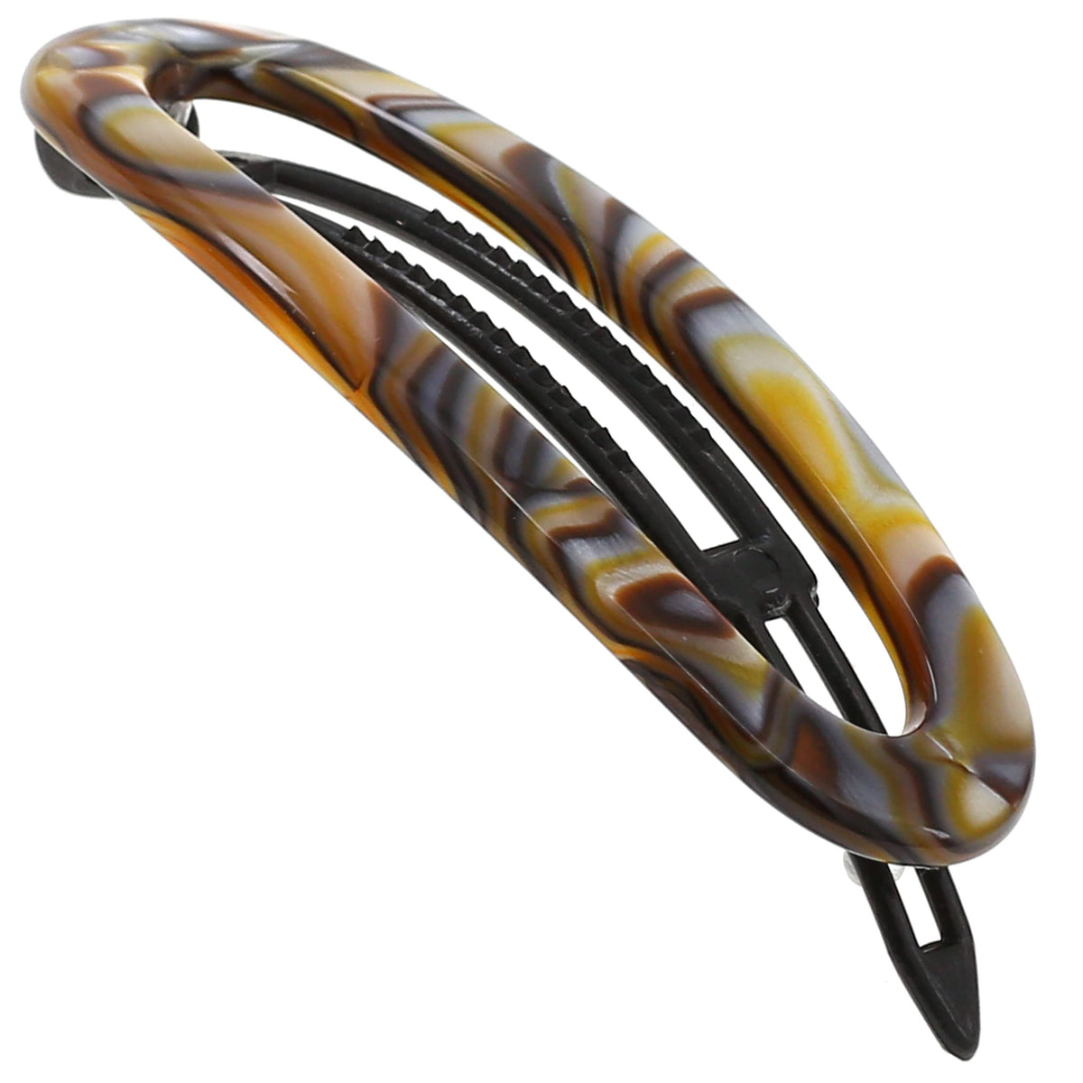 Camila Paris front view of onyx barrette highlighting elegant shape and reliable hold