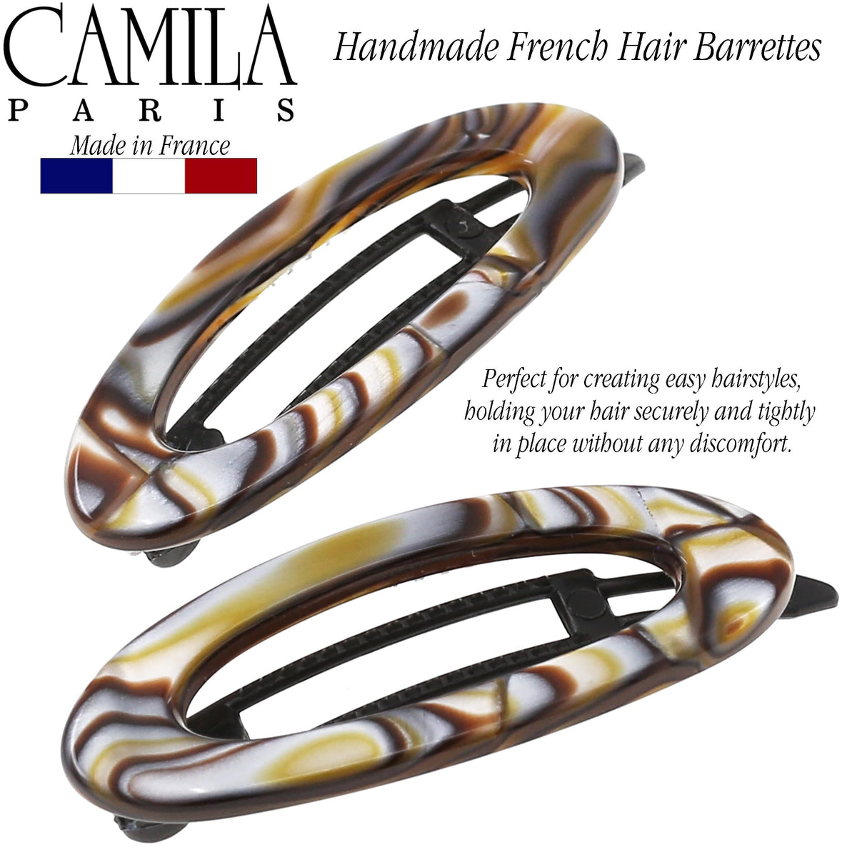 Camila Paris plastic latch closeup demonstrating secure metal-free hold