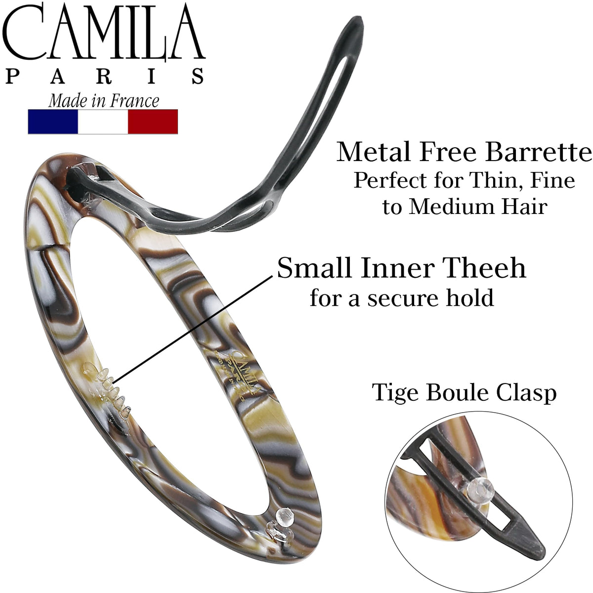Camila Paris side profile showing glossy onyx finish and slim silhouette
