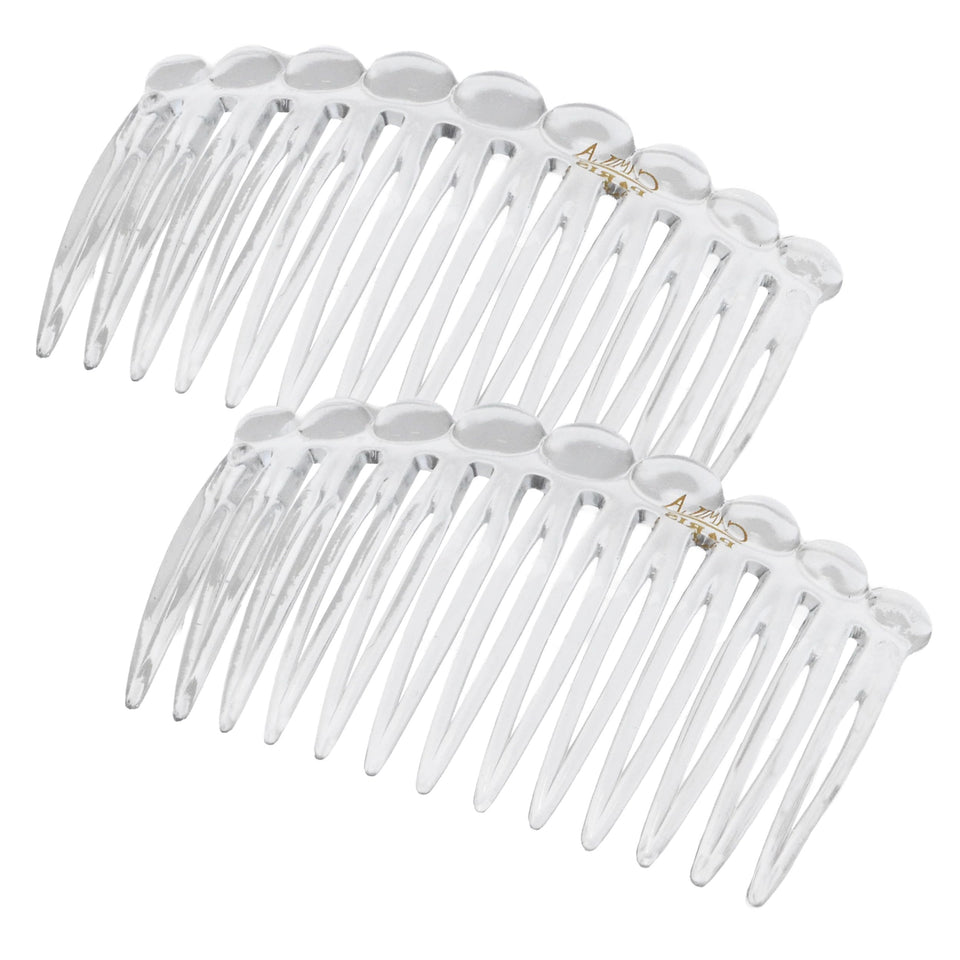 Camila Paris front view of clear side combs showing elegant finish and secure hold