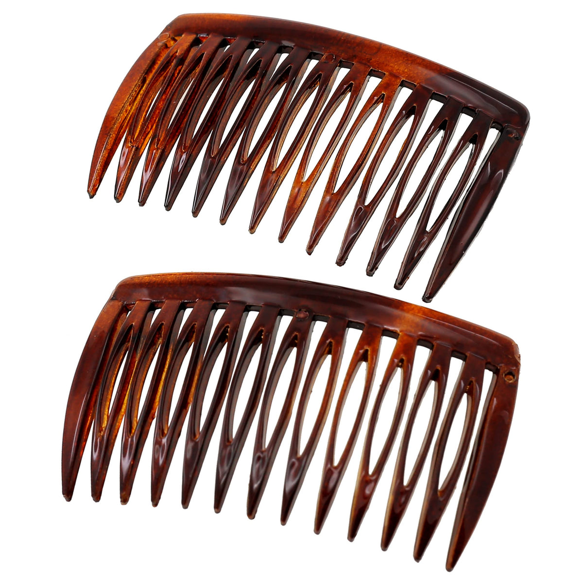 Camila Paris front view showing two curved tortoise combs and compact size benefit