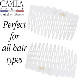 Camila Paris combs in a formal hairstyle showing decorative finishing touch