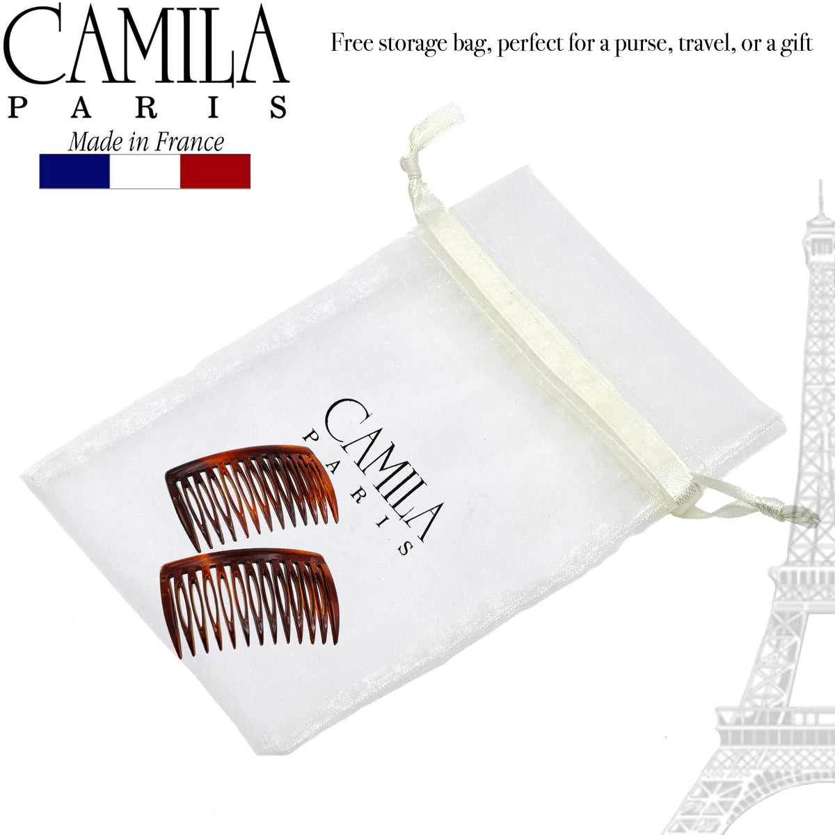 Camila Paris combs beside fingers for scale showing small, travel-friendly benefit
