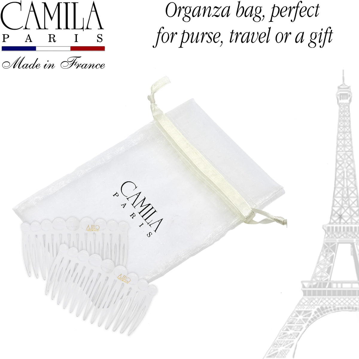 Camila Paris comb next to hand for scale illustrating compact 2.75-inch size