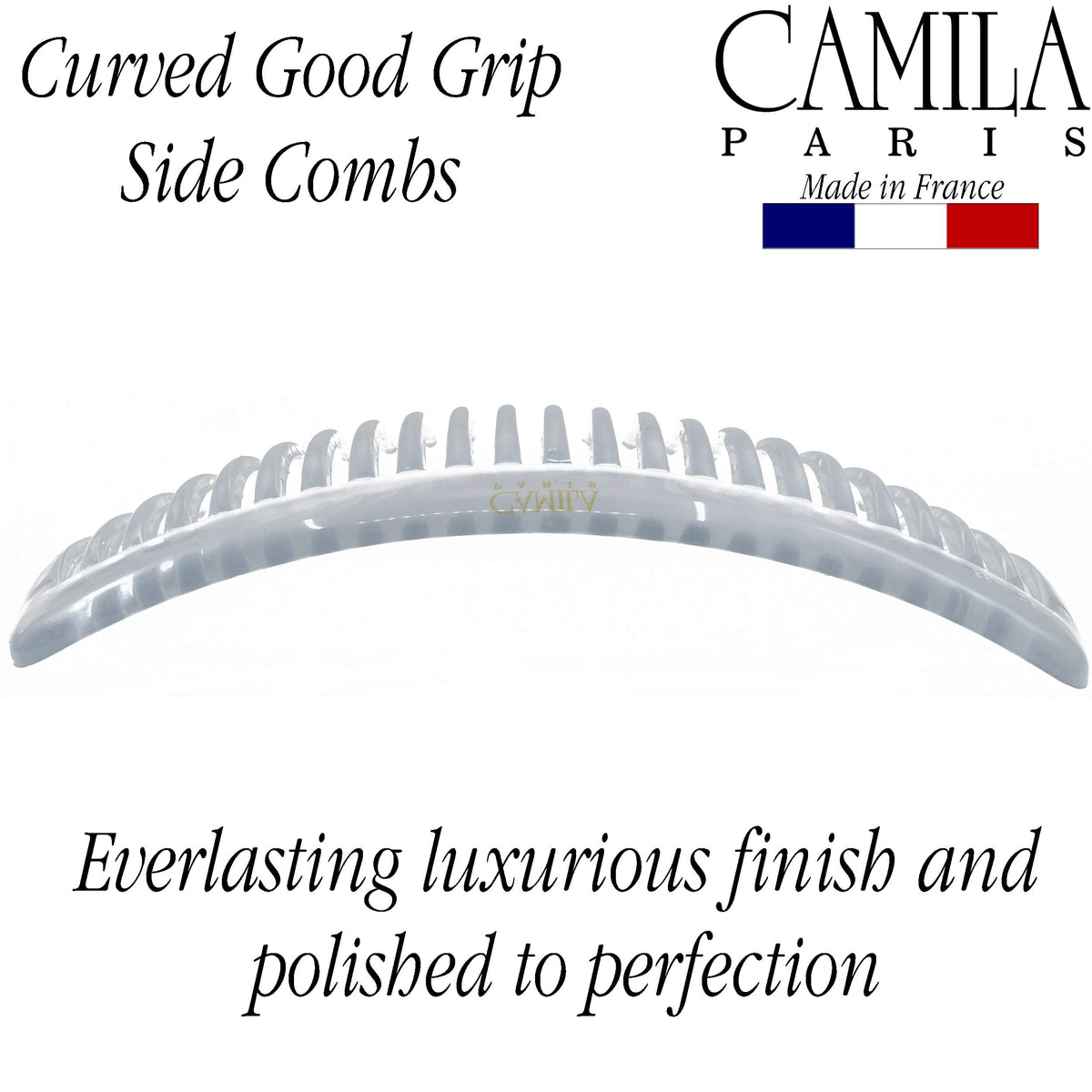 Camila comb in hand showing 4-inch scale and easy handling benefit