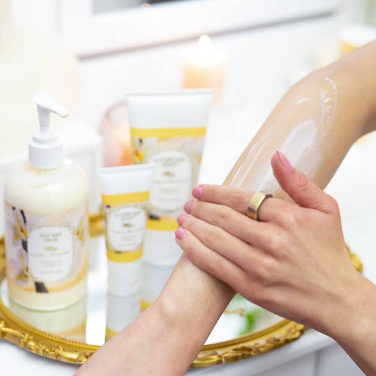 Camille Beckman open jar with cream demonstrating creamy consistency and nourishment