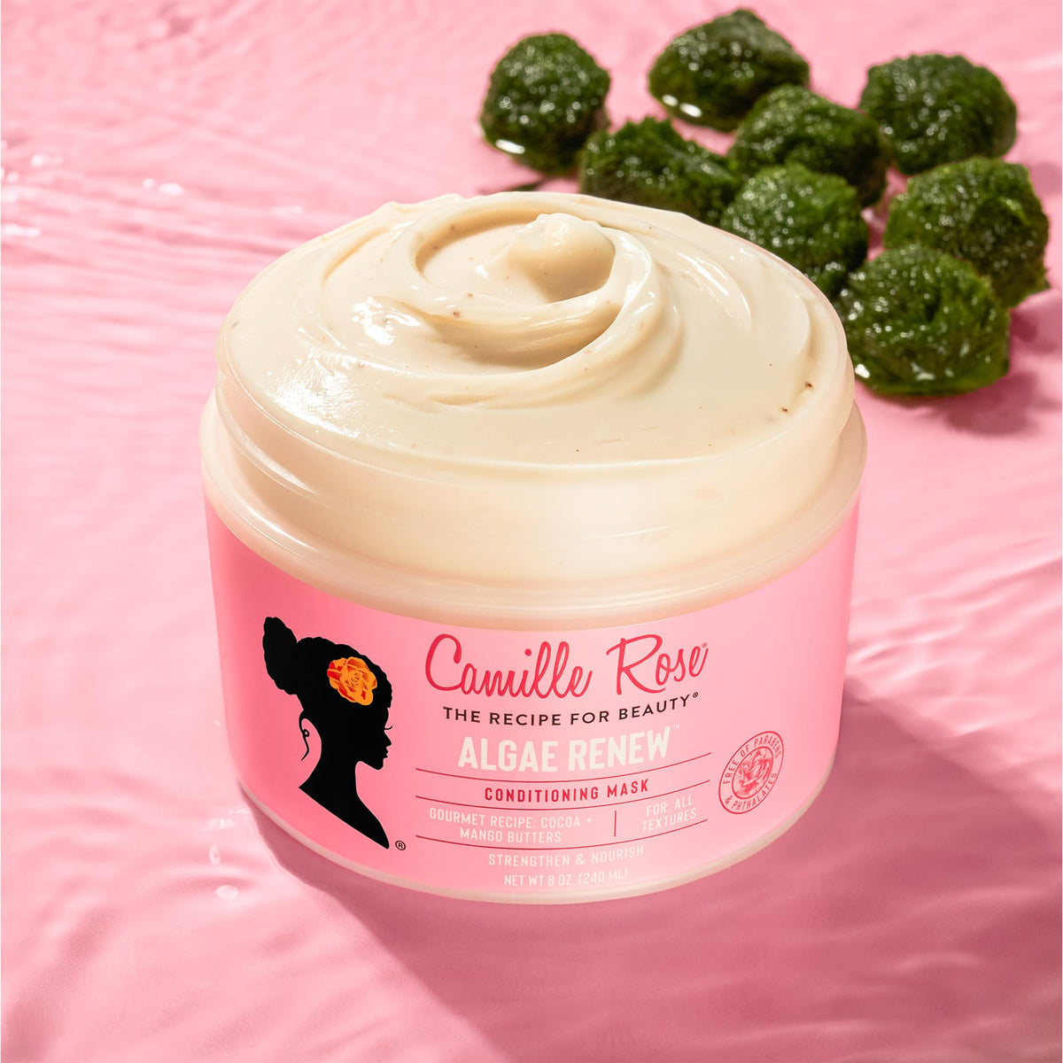 Camille Rose jar beside natural ingredient highlights for strength
