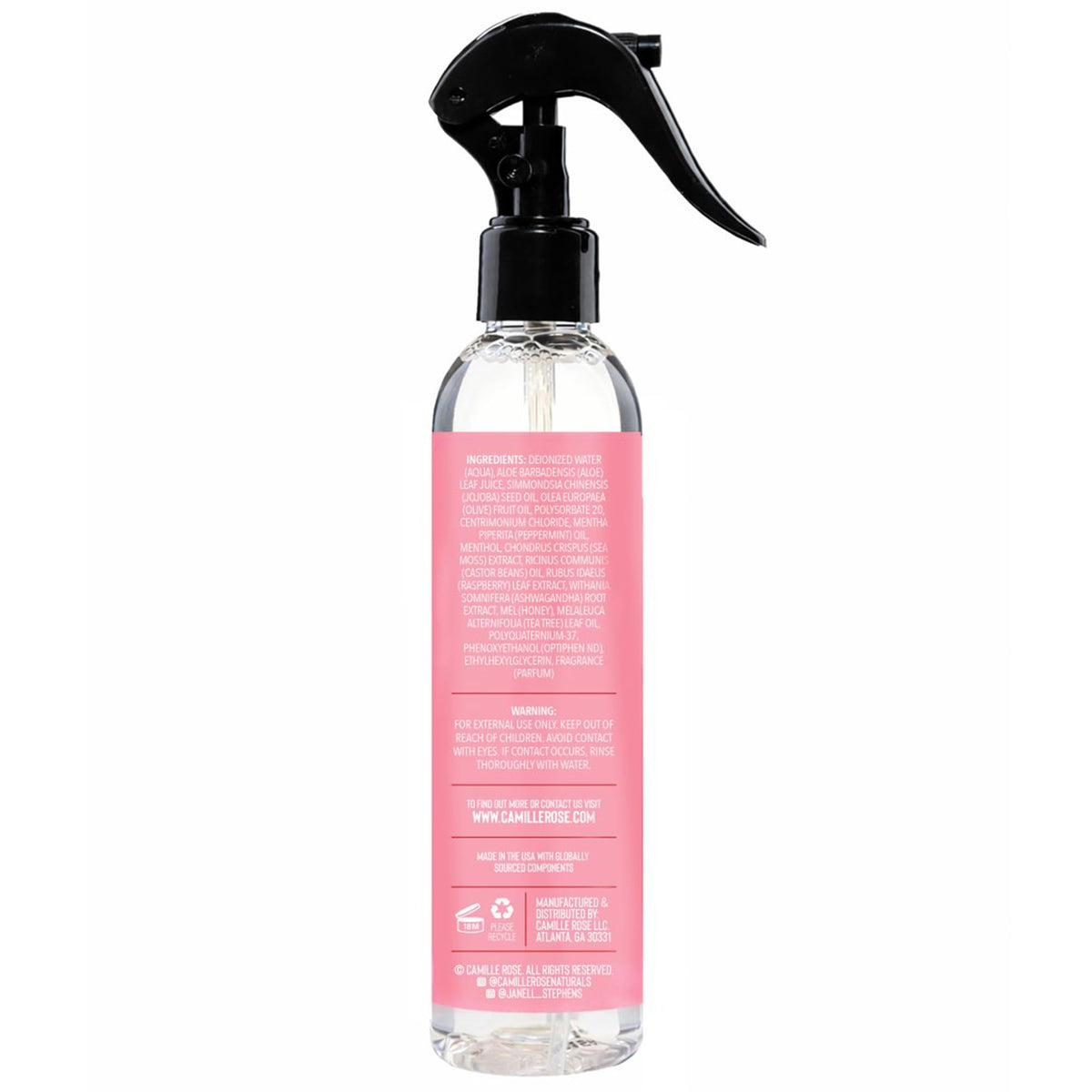 Camille Rose mist spraying from bottle demonstrating fine spray for even coverage
