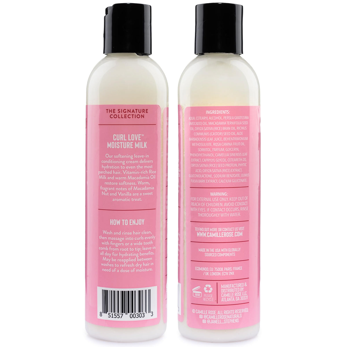 Camille Rose pump and label detail showcasing ingredients and easy dispensing