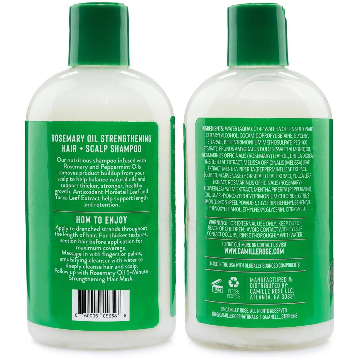 Camille Rose label close-up highlighting rosemary and botanical ingredients benefits