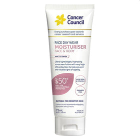 Cancer Council front packaging of face daywear moisturizer showing clear SPF50+ protection