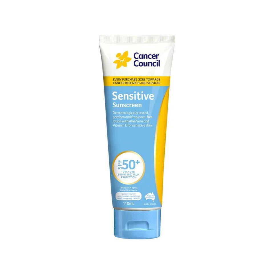 Cancer Council front packaging 110ml showing SPF50+ protection and gentle formula benefit