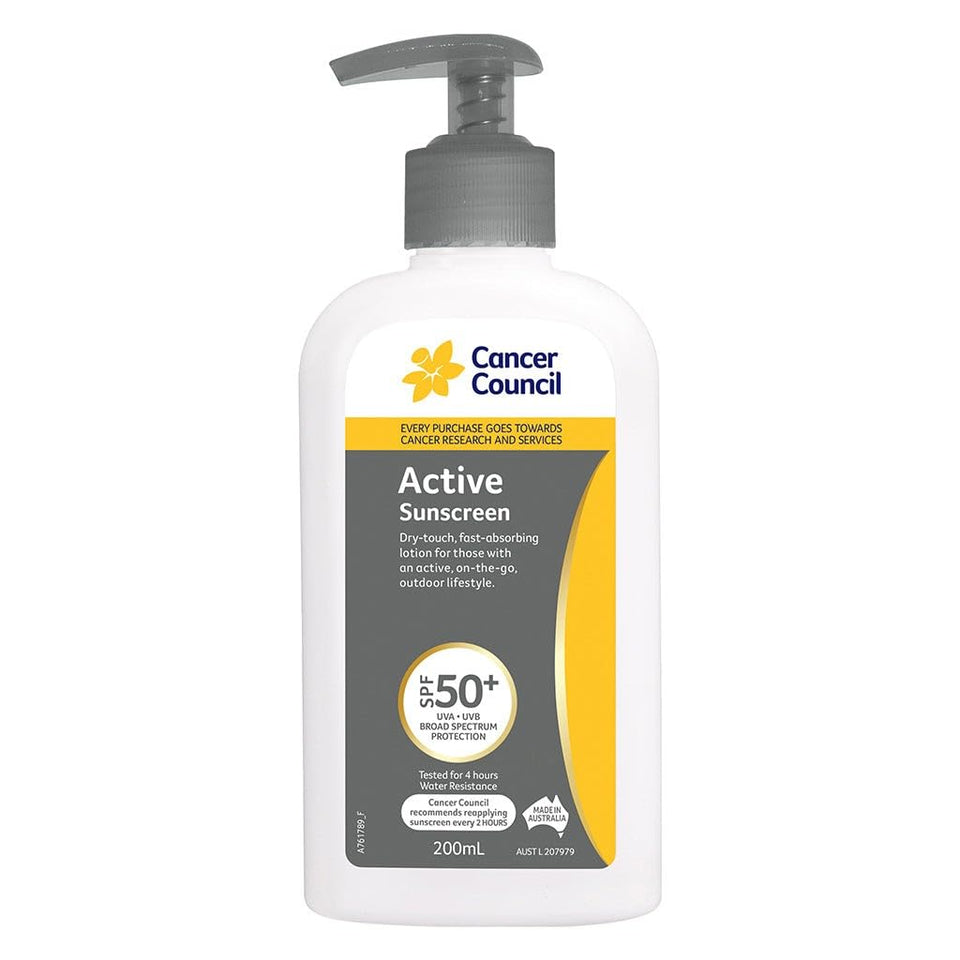 Cancer Council pump bottle front view showing label and 200 ml size, convenient application benefit