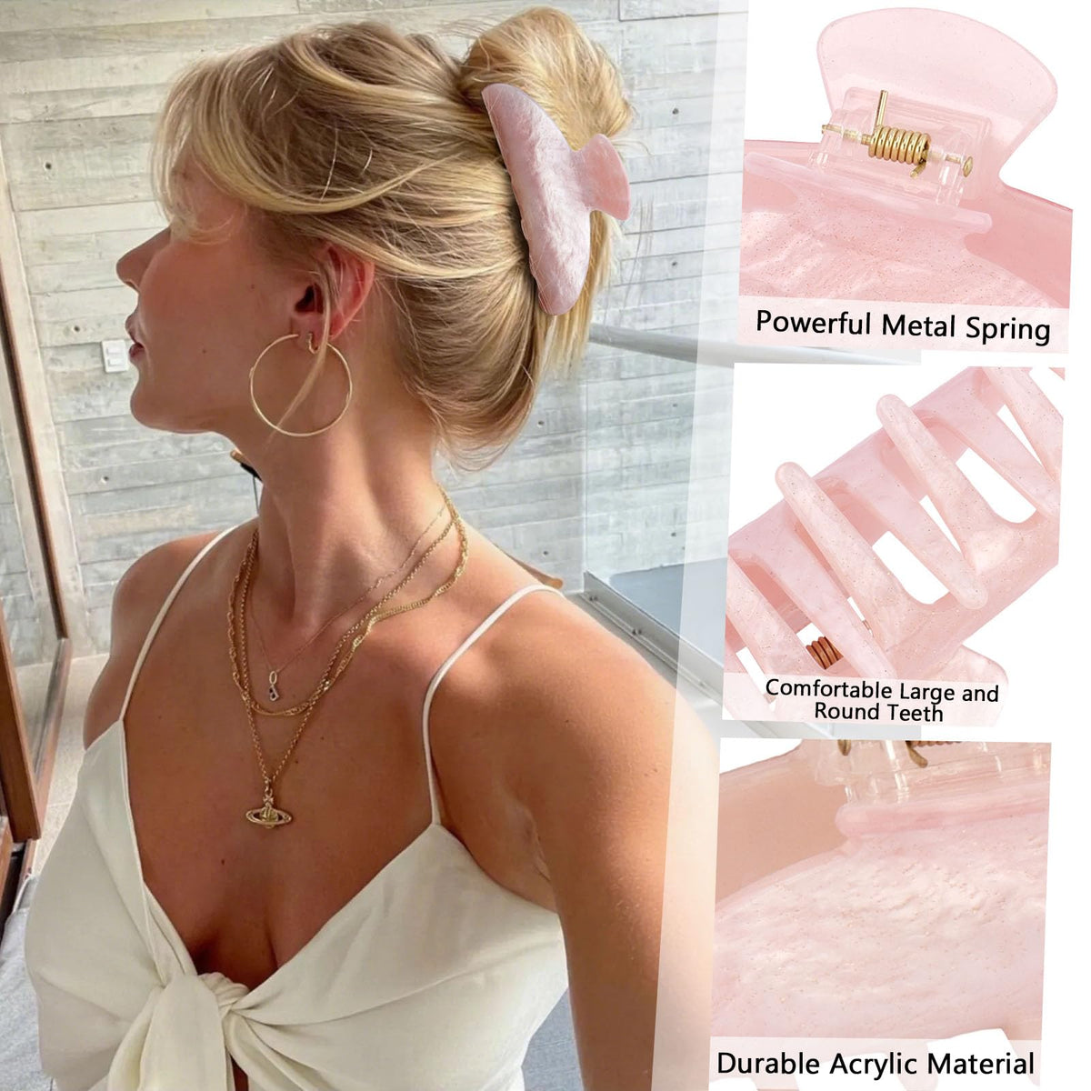 Canitor clip worn in half-up hairstyle offering tidy, stylish hold