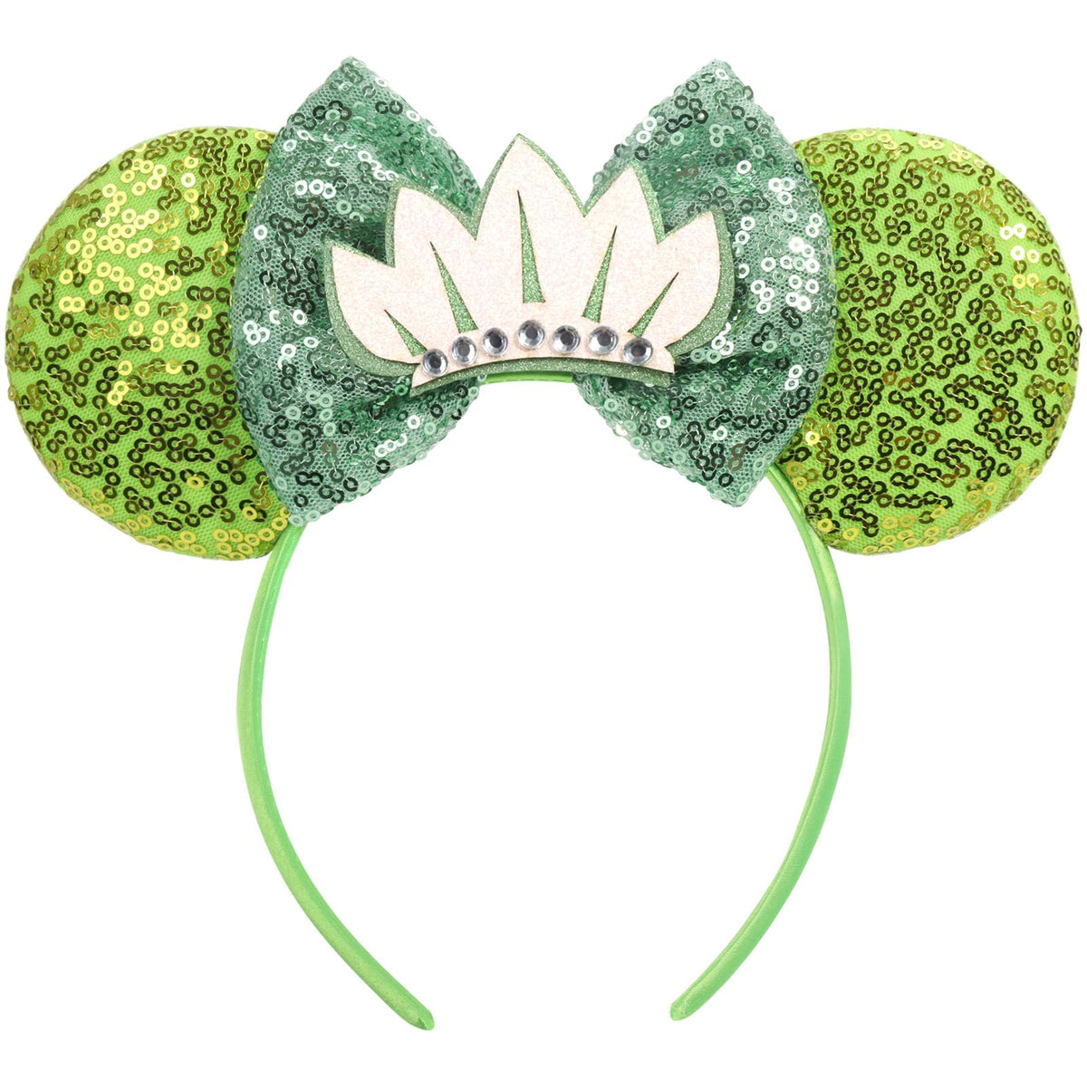 CANMIL frog-green front view showing sequin ears and bow for instant sparkle