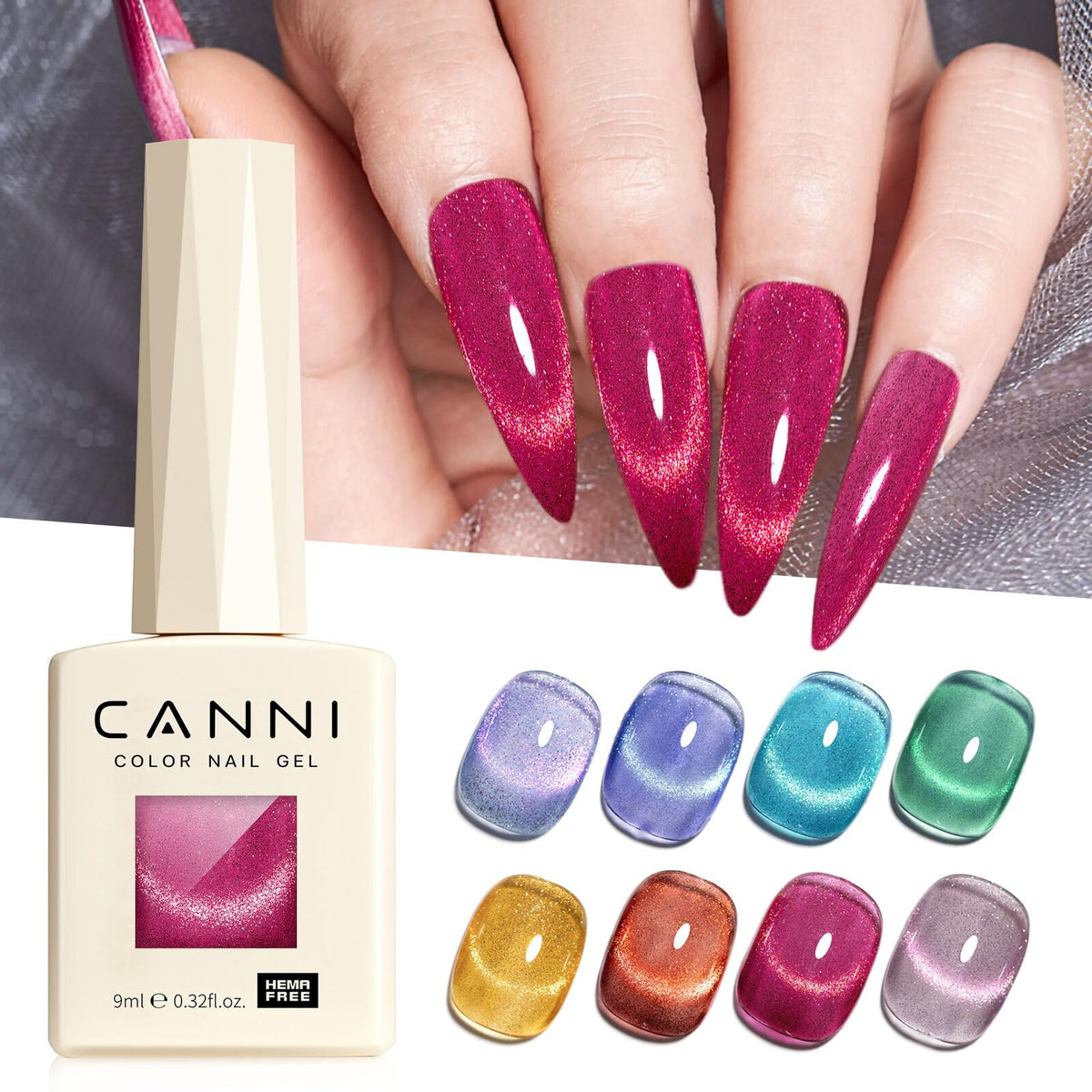 CANNI eight bottles lined up to display included colors and finishes