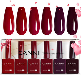CANNI front view of six dark red gel polish bottles shows shade selection benefit