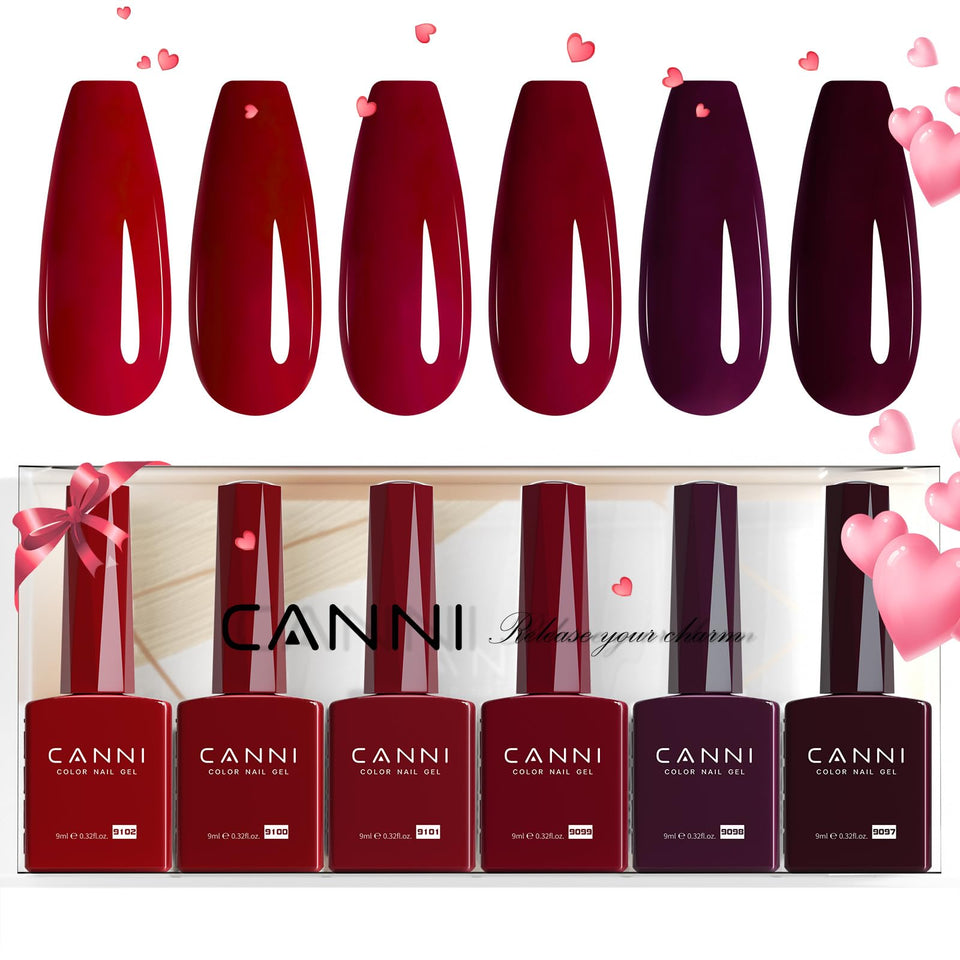 CANNI front view of six dark red gel polish bottles shows shade selection benefit