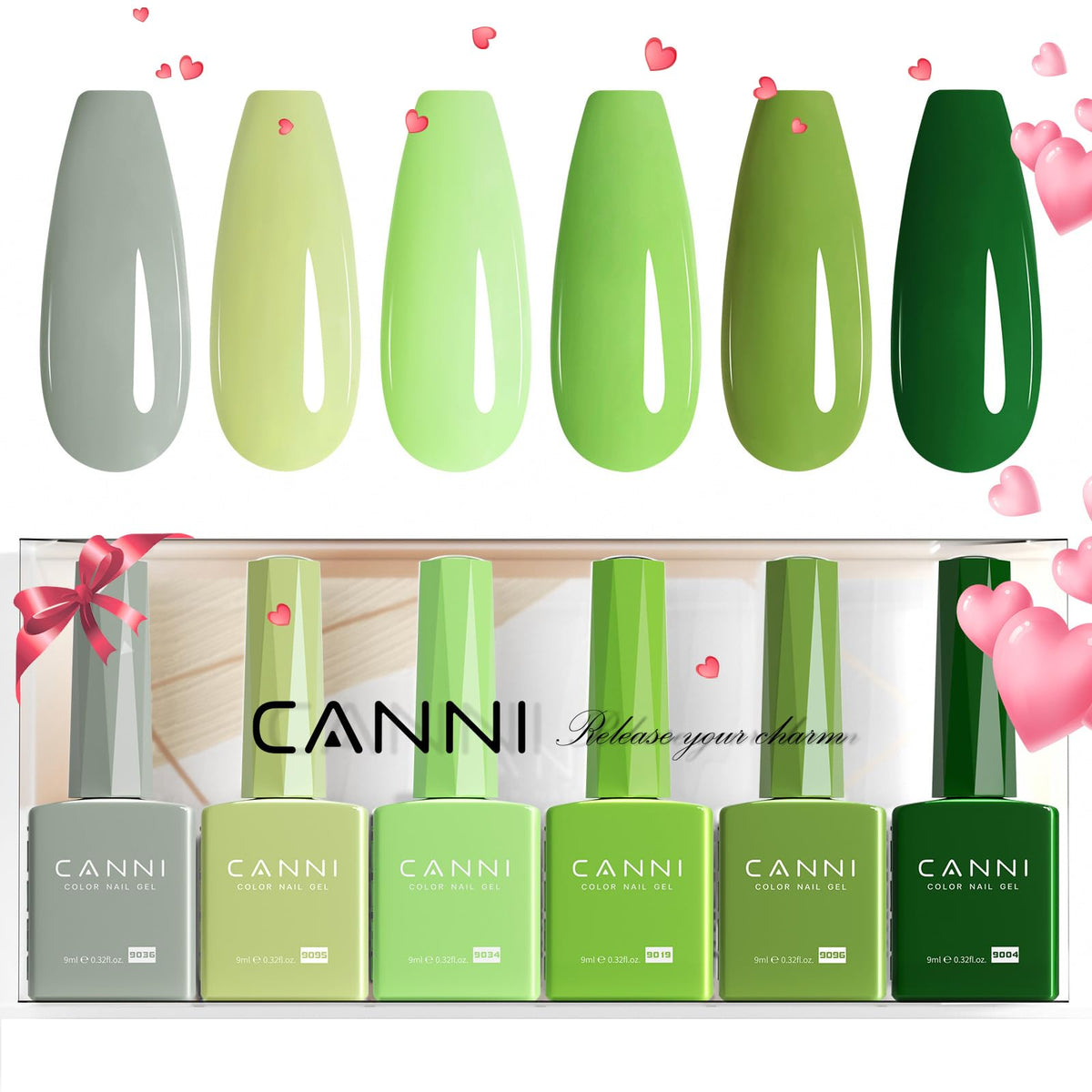 CANNI finished nail art using multiple greens for layered designs