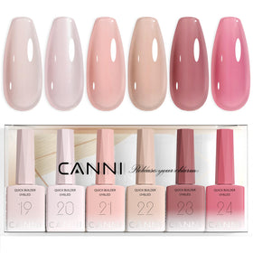 CANNI front packaging showing six nude-pink builder gel bottles, clear benefit convenience
