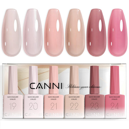 CANNI front packaging showing six nude-pink builder gel bottles, clear benefit convenience
