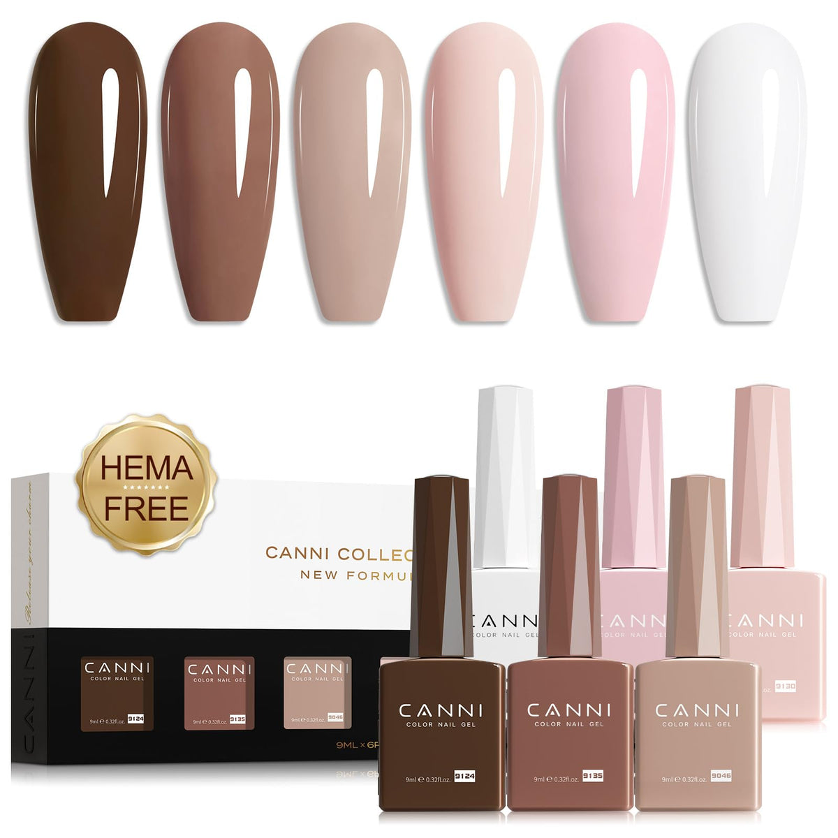 CANNI front packaging showing six nude-pink 9ml bottles and gift-ready box benefit: easy gifting