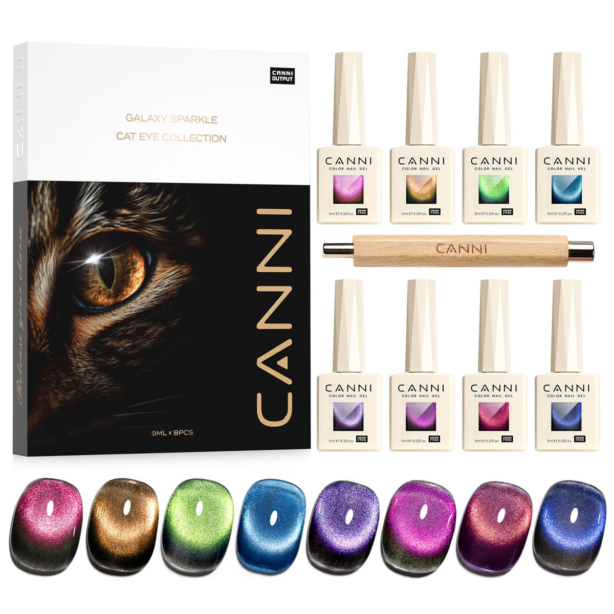 CANNI front packaging showing eight 9ml bottles and color range benefit