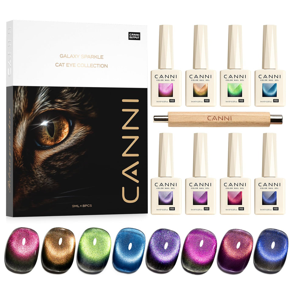 CANNI front packaging showing eight 9ml bottles and color range benefit
