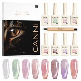 CANNI front packaging showing all eight cat-eye gel bottles, easy color selection benefit